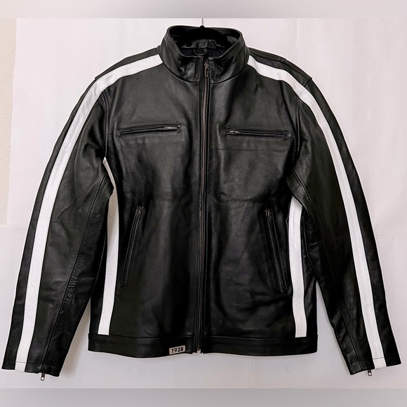 *CUSTOM* Mens Black Cafe Racer Leather Jacket With White Stripes Size L - Picture 2 of 15